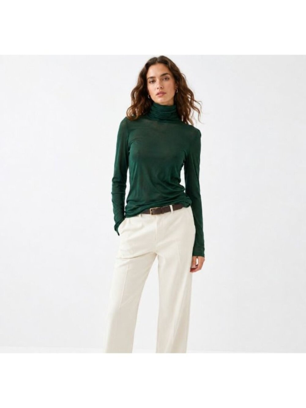 J.Crew Tissue Turtleneck Top Green Long Sleeve Cotton Tee Womens L NWT